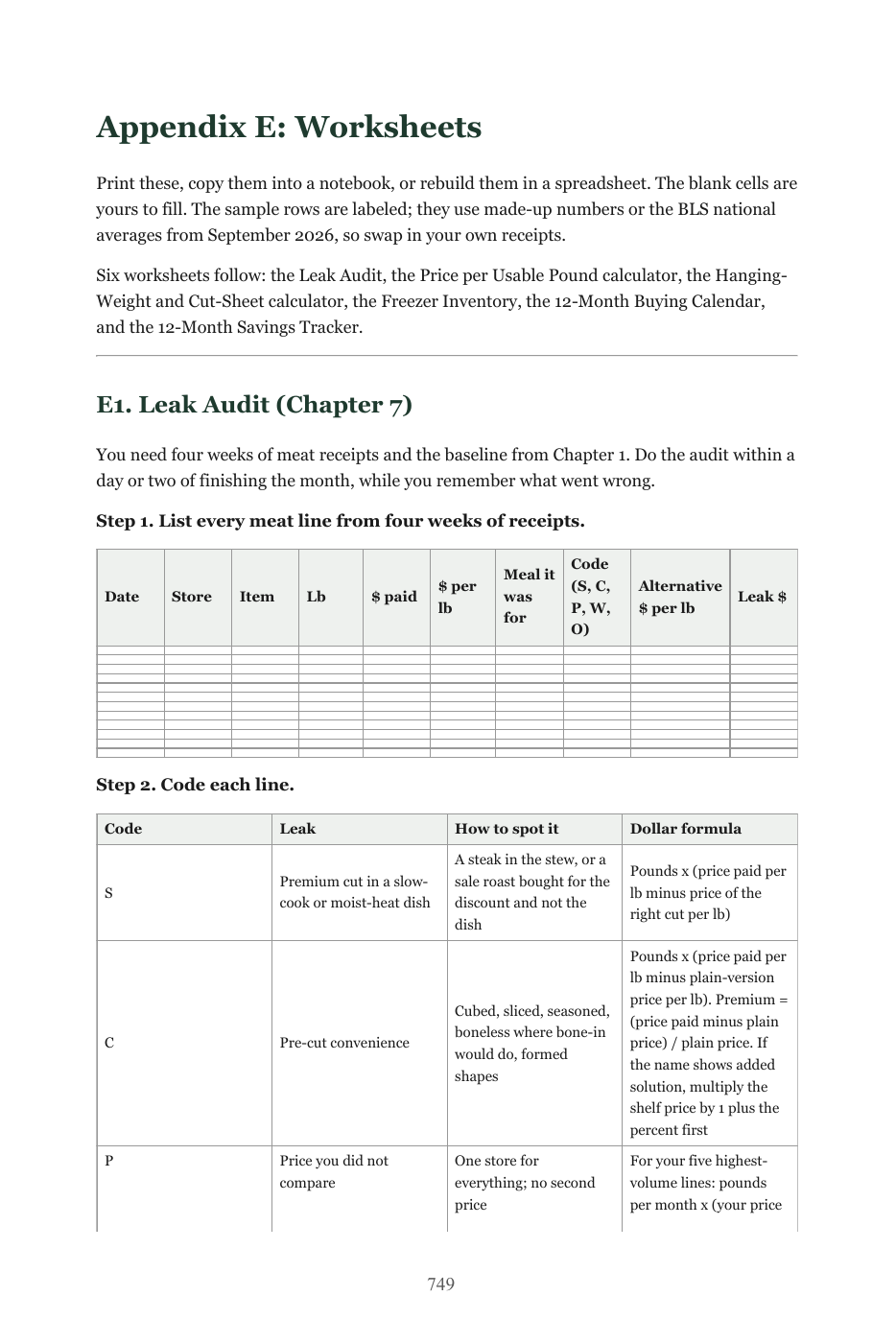 Preview of page 749, worksheets and the household meat leak audit